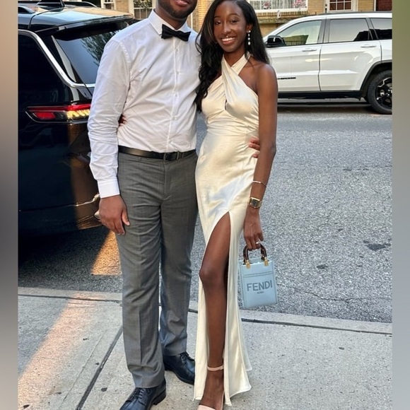 NWOT Start of Forever Ivory Satin Halter Mermaid Maxi Dress - Picture 3 of 9